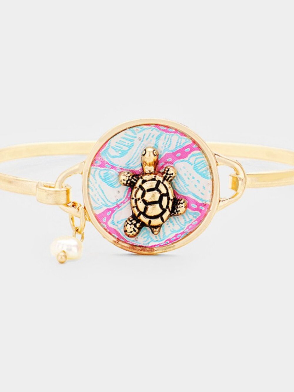 Patterned Sea Turtle Pearl Charm Hook Bangle Bracelet - Pink Beach Jewelry